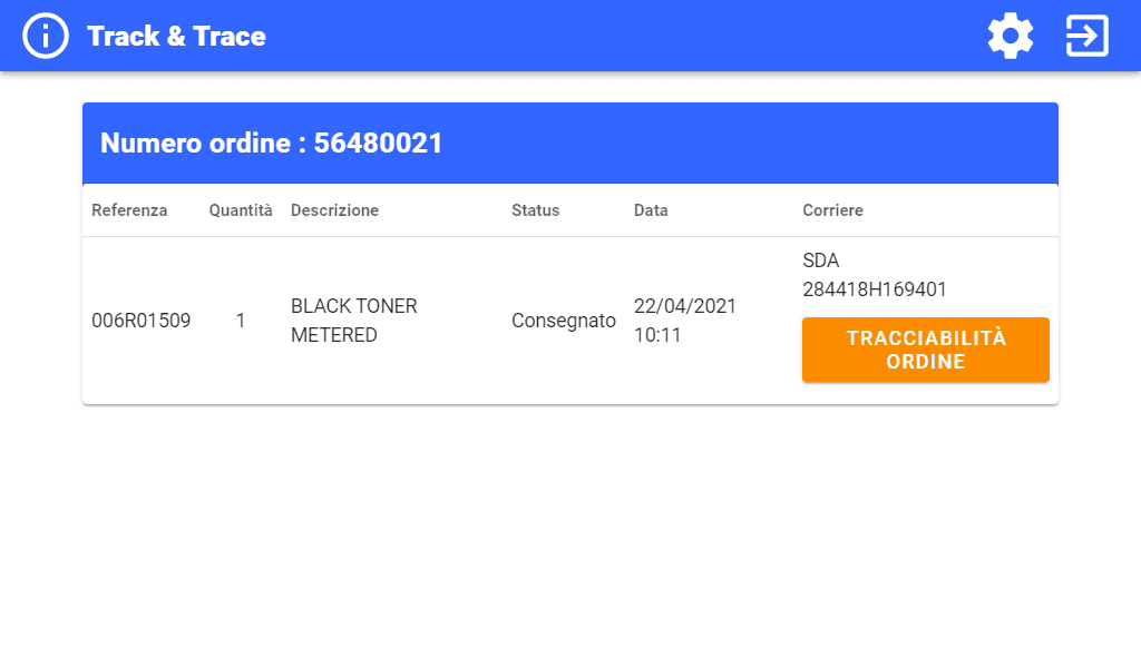 Schermata di configurazione Track & Trace Numero d'ordine