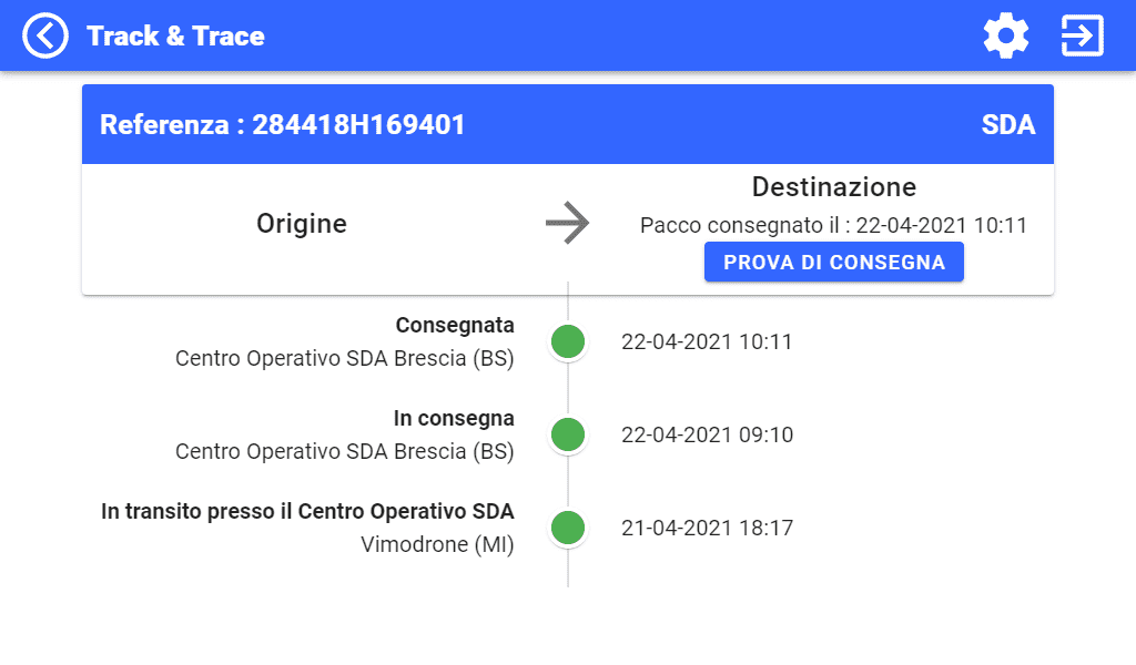 Schermata di configurazione Track & Trace Riferimento, origine e destinazione