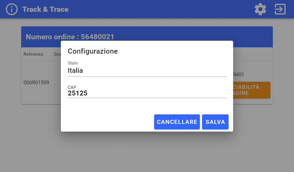 Schermata di configurazione Track & Trace Prova di consegna